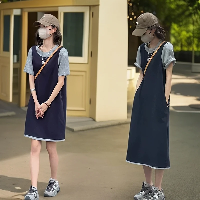 【甜心】2025年夏季新款假两件撞色拼接圆领短袖套头休闲T恤孕妇装