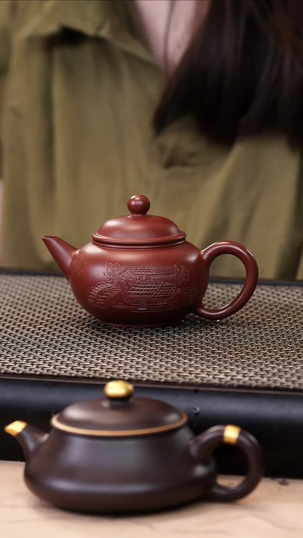 茶壶紫砂朱泥超精工刻绘水平120cc