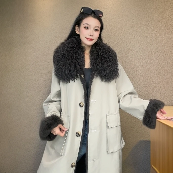 兔毛双面穿大衣毛领长款秋冬派克外套多口袋长袖