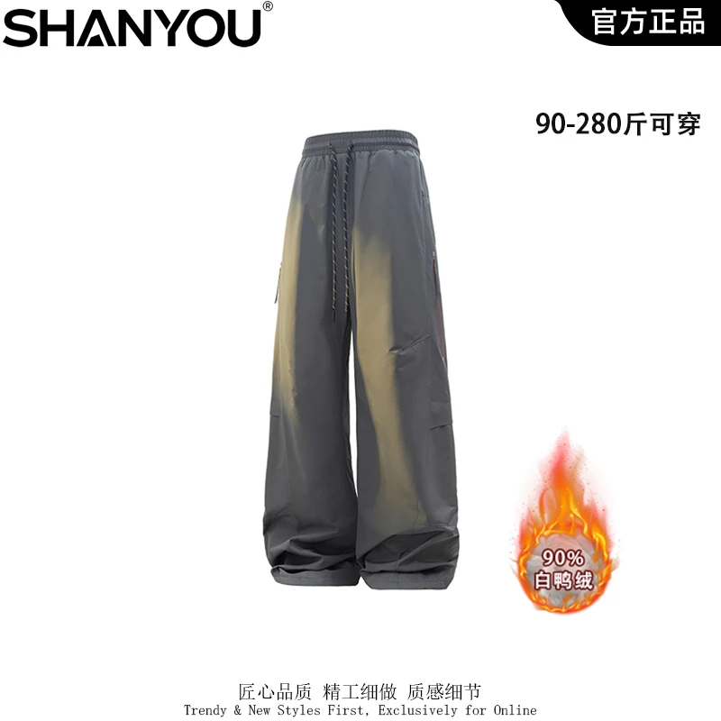 美式阔腿加绒羽绒裤男士2025冬新款宽松直筒运动防寒保暖休闲长裤