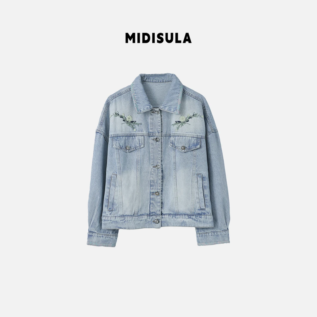 【H.MDSL】 水洗长袖贴布绣牛仔外套刺绣收口袖复古时尚女外套#0106