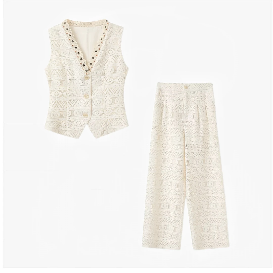 时尚套装上衣休闲镂空夏季时尚复古蕾丝镂空马甲＋直筒裤A008-H-1