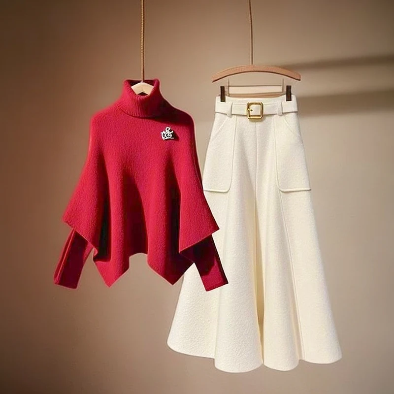 春季穿搭一整套2025新款高级感圣诞高领斗篷毛衣半身裙两件套装