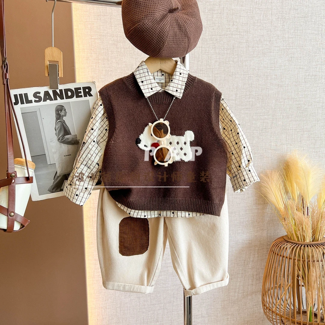 儿童套装2025秋季男童韩系休闲狗狗图案针织马甲衬衫宝宝三件套潮