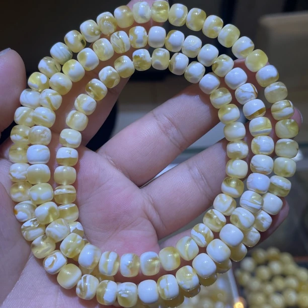 7m蜜蜡金瓷白妖花链子女款时尚素圈珠珠老型长链多层精美链珠风化