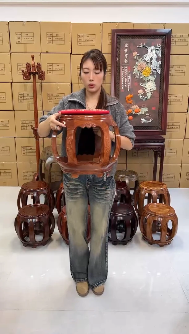 花梨木类家具亚花梨雕花小鼓凳一对花梨色加2张坐垫