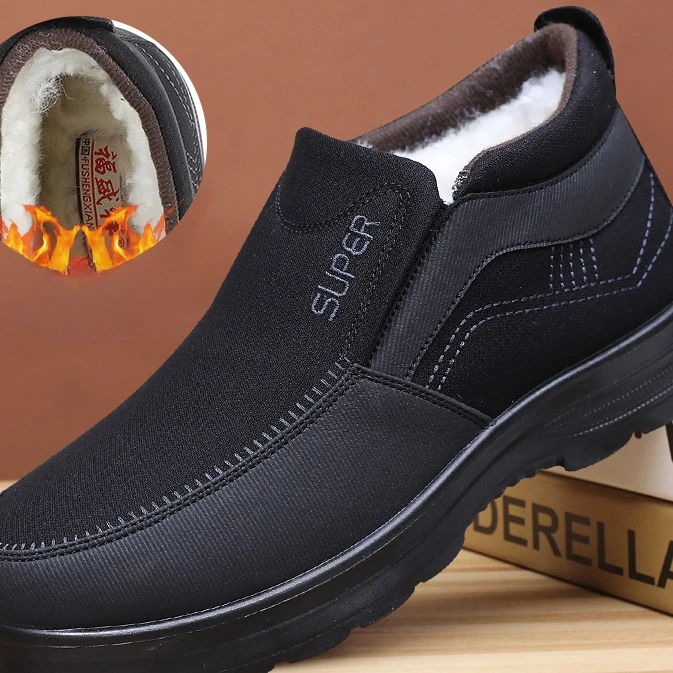 冬季加厚保暖加绒爸爸鞋老北京布鞋男防滑软底中老年父亲男士棉靴