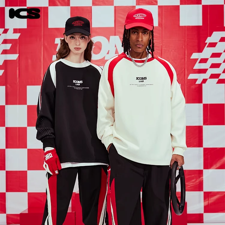 iconslab赛车领空气层撞色织带套头卫衣街头复古情侣装美式上衣潮