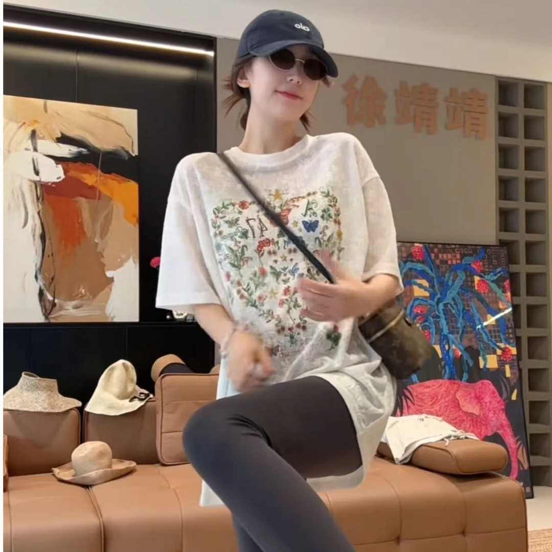 徐靖靖【秘境花园】时尚印花T恤圆领舒适宽松慵懒重工短袖2506135