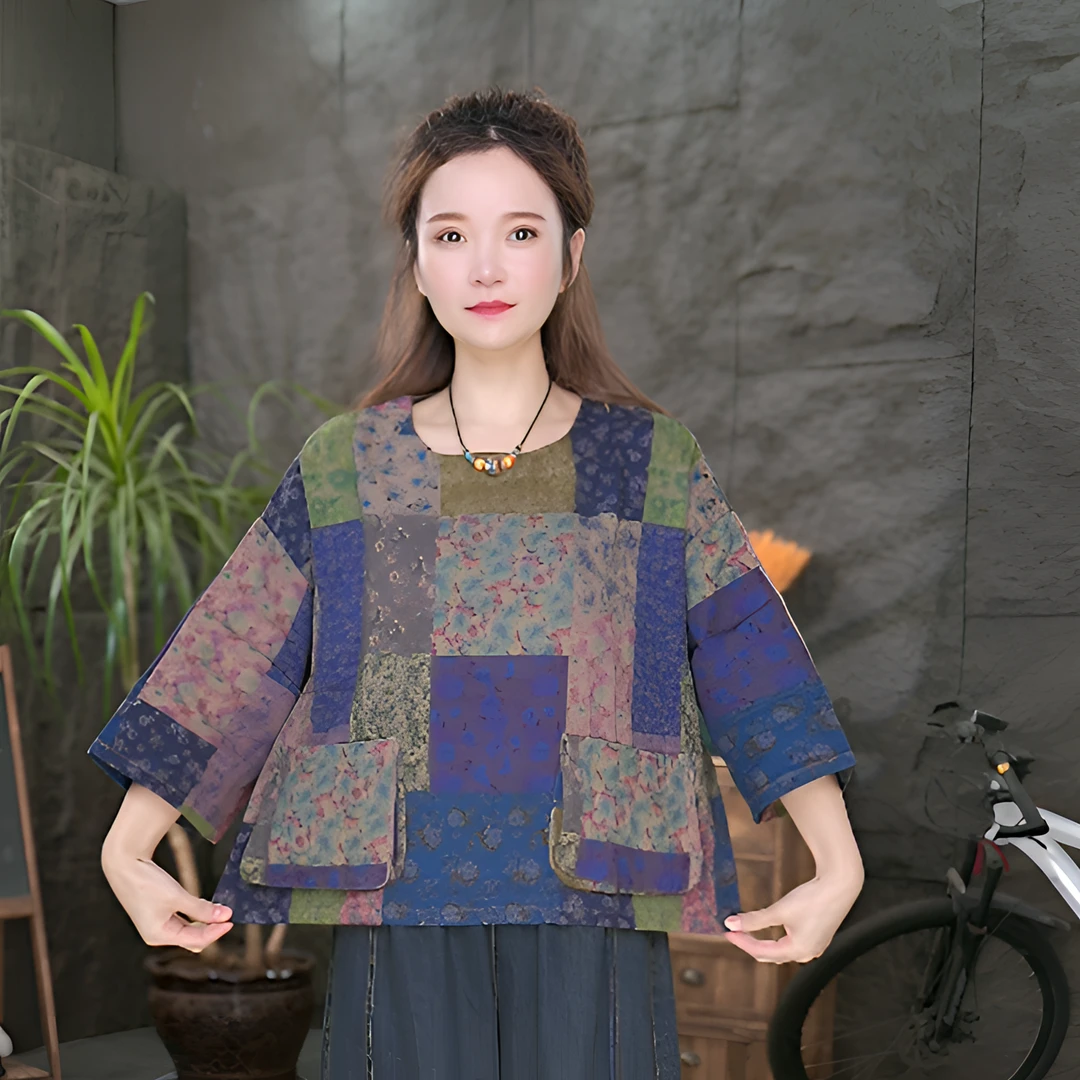 高品质中袖上衣女装大码宽松显瘦民族风套头T恤女