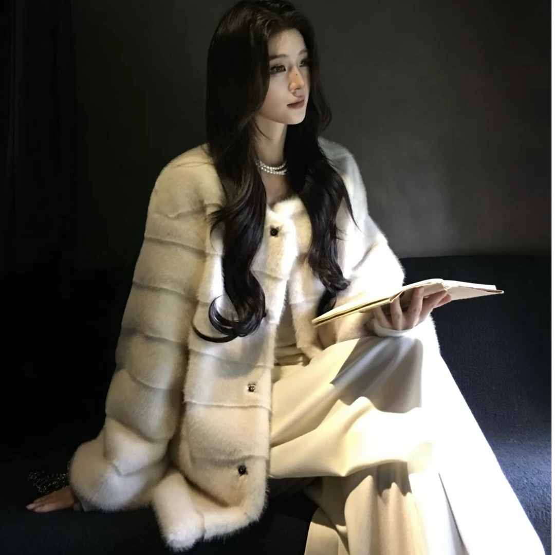 冬季新款环保水貂毛皮草外套女皮毛一体中长款清冷气质毛绒绒上衣