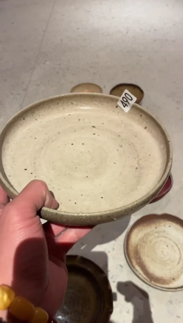 瓷片想***式490微瑕粗陶白棕锅盘1个