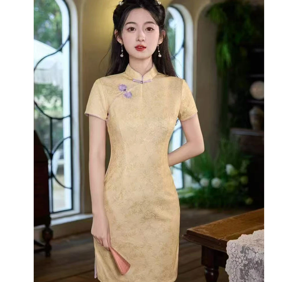 飞黄腾达--蕾丝送考短款旗袍中国风双层时尚提花黄色新中式旗袍