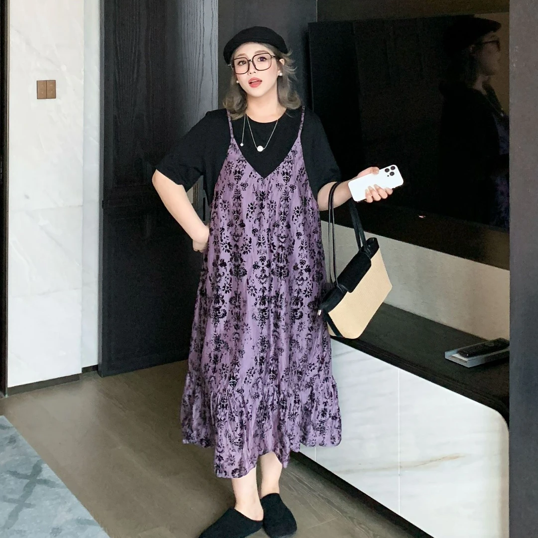 媛子大码假两件植绒鱼尾连衣裙高级感复古25夏季新款胖mm显瘦女装