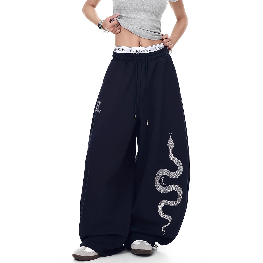 2025年美式复古设计感烫钻印花休闲裤女宽松卫裤百搭长裤子