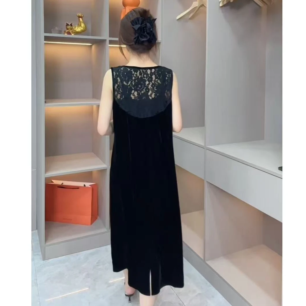 百搭神器丝绒拼接蕾无袖丝绒女大码显瘦高贵小黑裙9212