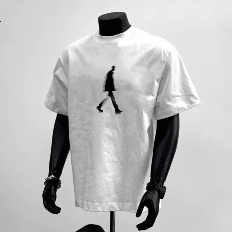 美式复古小众叠影印花短袖t恤男夏季设计感高街百搭宽松情侣上衣