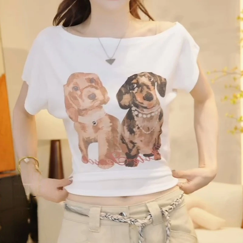 夏季设计师个性露肩狗狗短袖体恤上衣女LK2503933