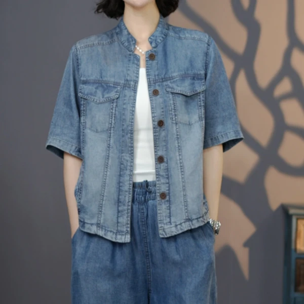 玲8715蓝#2025宽松显瘦休闲时尚牛仔衬衫水洗透气牛仔上衣女