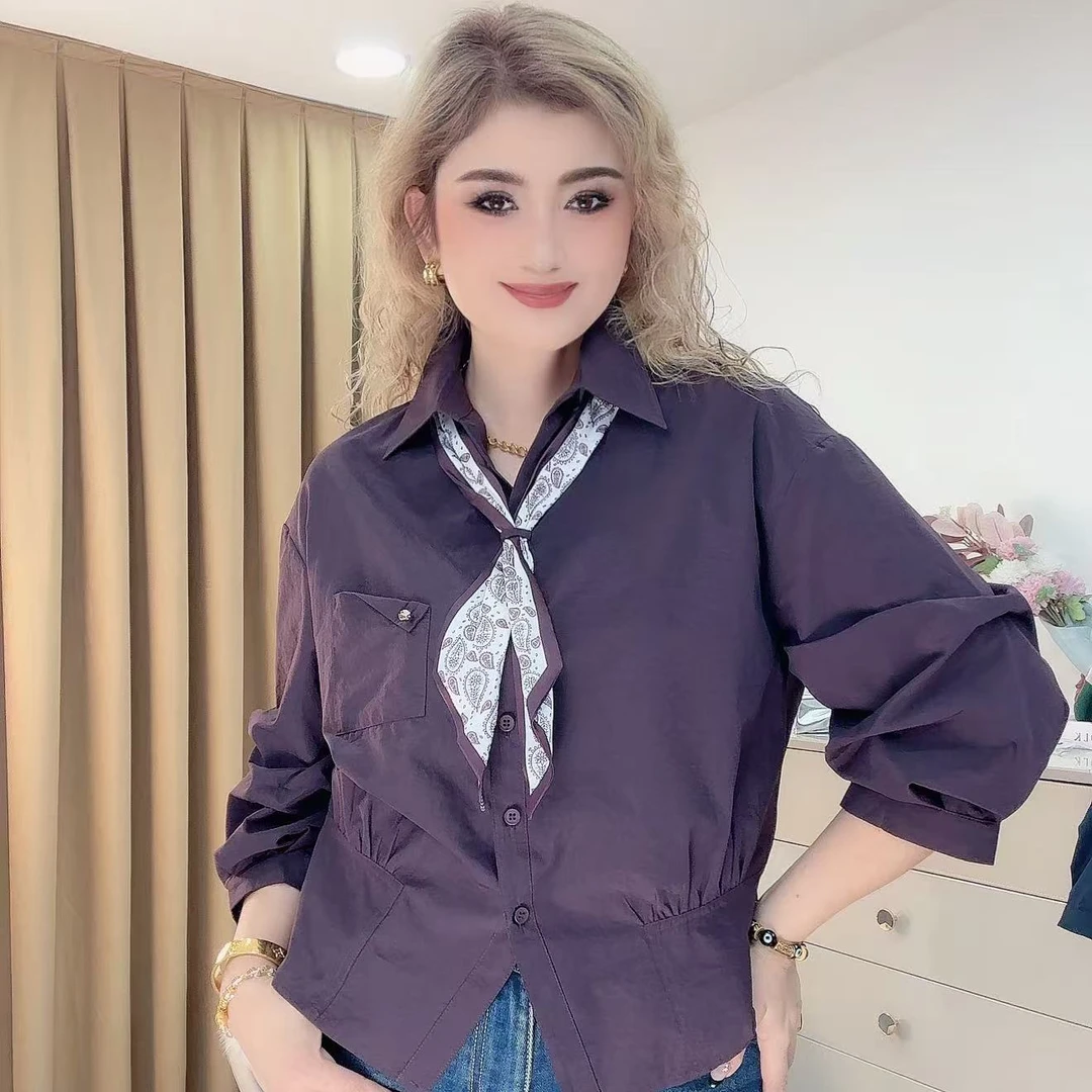 系带衬衫七分袖时尚女士仙女风韩版25B28款长袖褶皱衬衣
