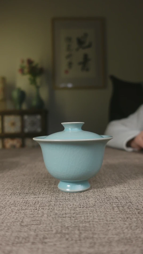 【闪购商品】杯子仿古天青纯手高足元宝两才盖碗微瑕042