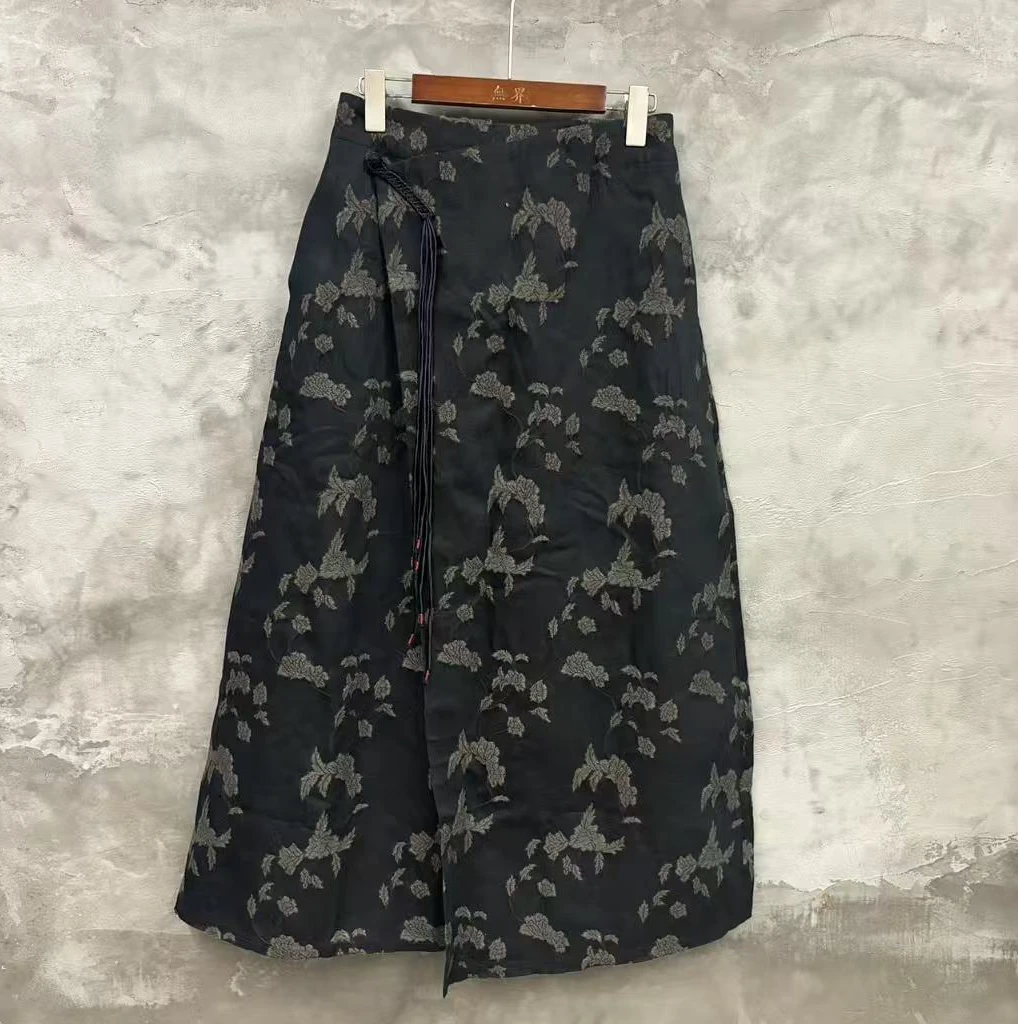 还朴堂原创羊毛混纺提花盘扣流苏半身裹裙38946