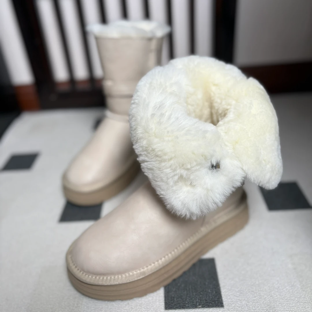 全羊毛+牛皮 中高筒时尚雪地靴保暖防滑防水厚底加厚大棉鞋雪地棉