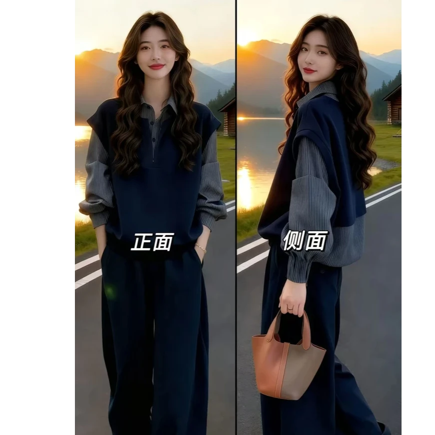 秋季大码女装胖MM独特漂亮假两件拼接格子长袖衬衫女宽松慵懒上衣