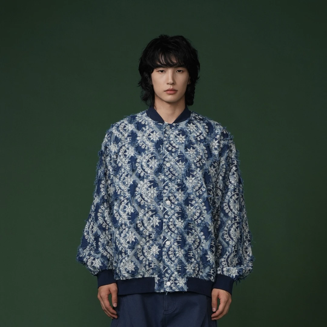 蓝染 提花复古文艺设计款宽松棒球服外套 9558