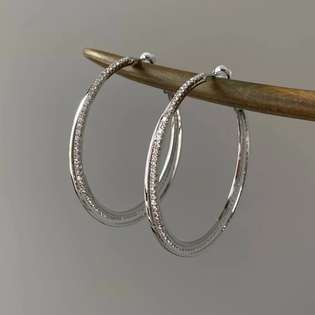 卡柒 铜合金耳饰 爆闪双层锆石素圈耳环女时尚小众设计高级感耳饰