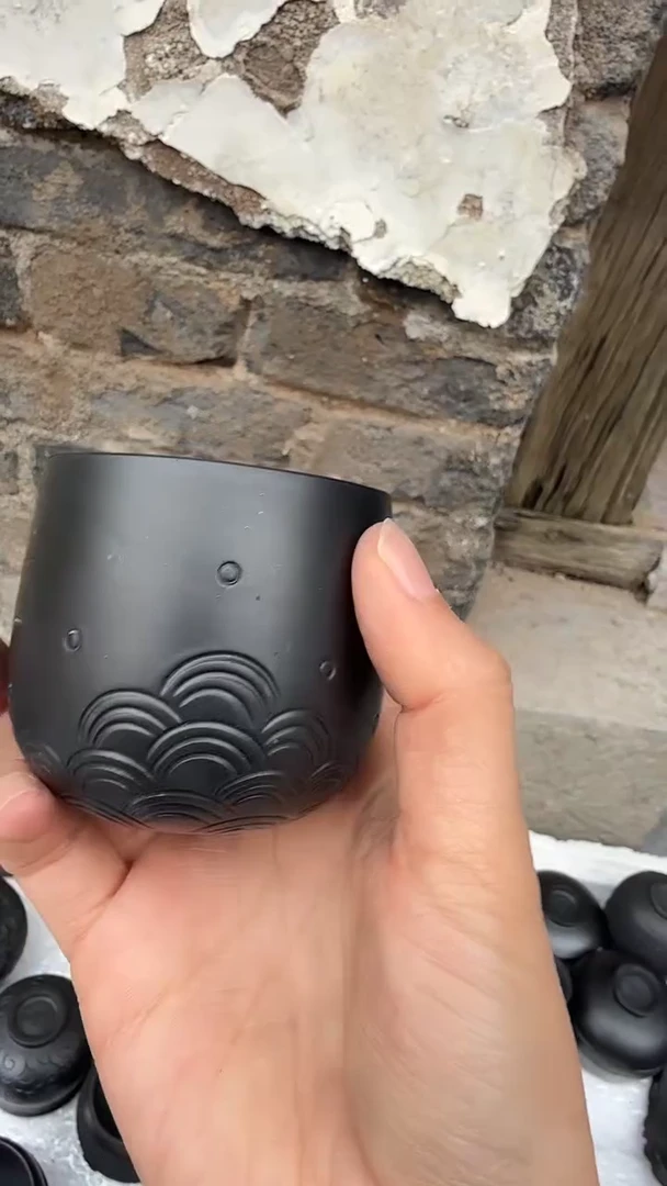 神农黑陶水波纹压手杯