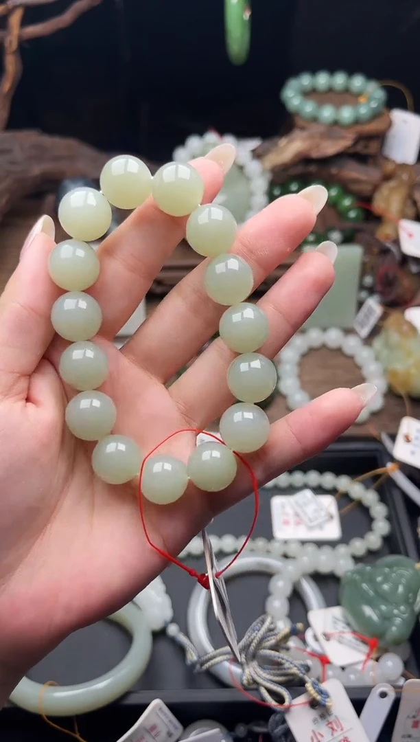 未镶嵌手串和田玉卡14且末青白 圆珠9012798