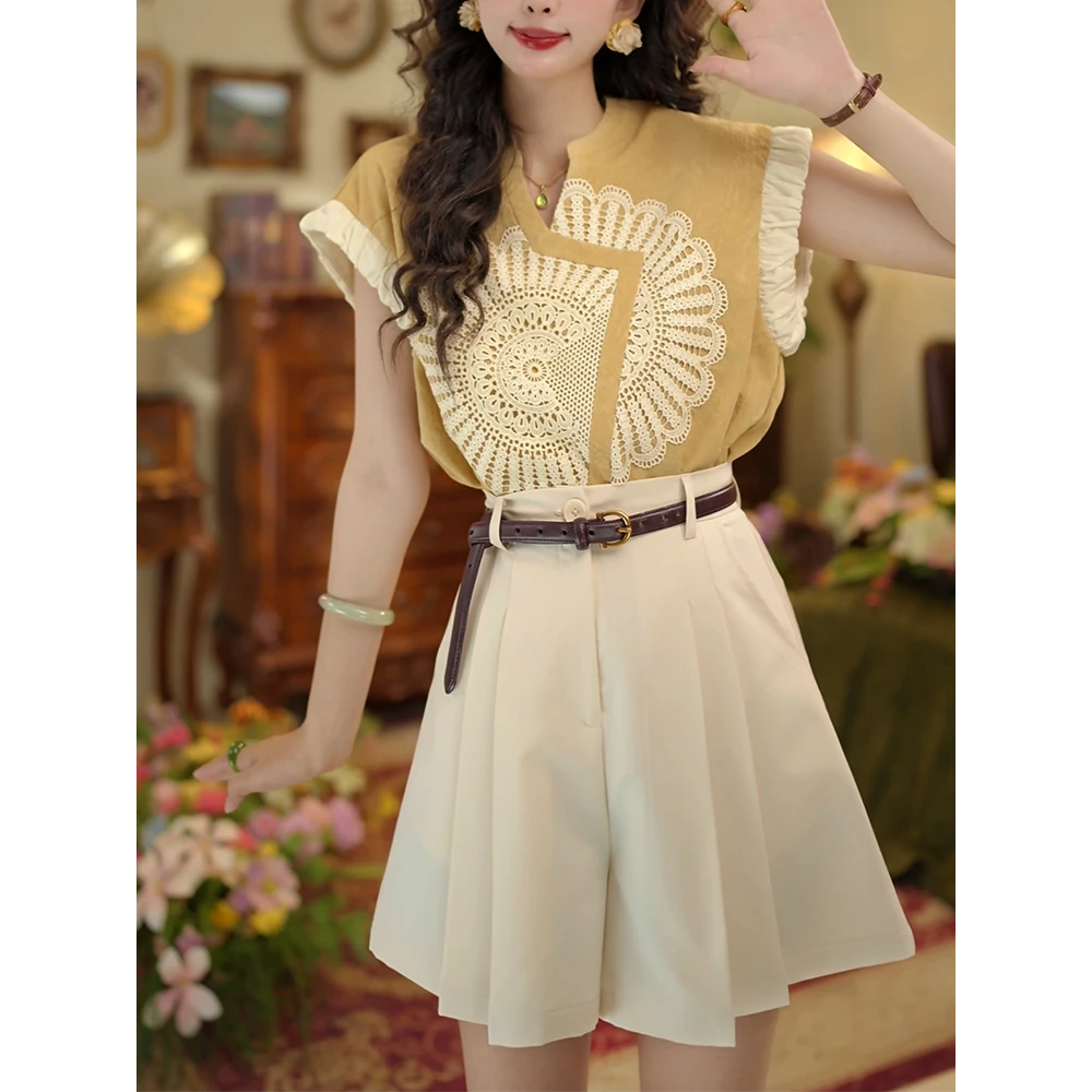 2025时尚港风复古夏季V领衬衫拼色显瘦上衣小衫气质裙裤时尚套装