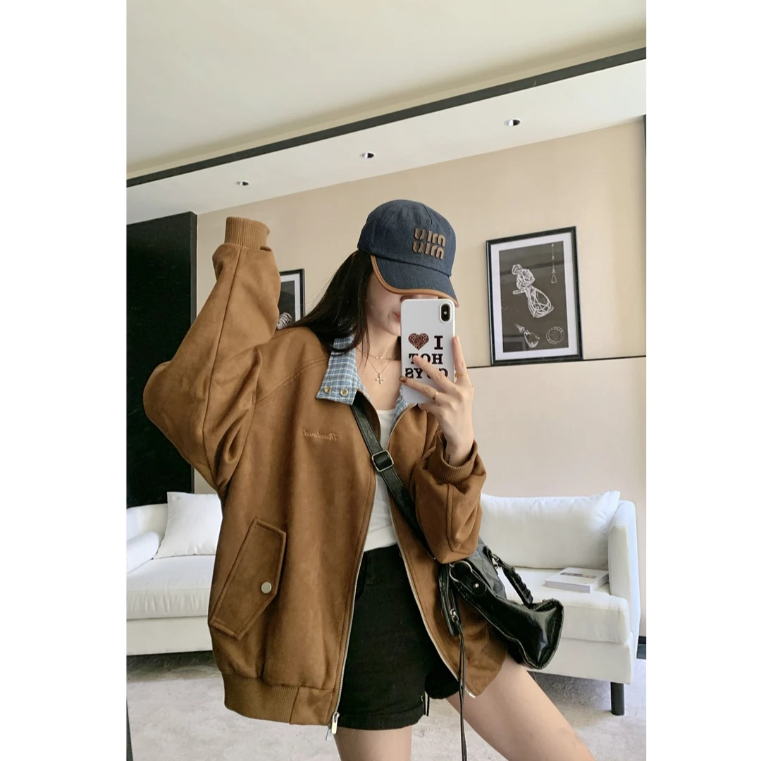 重磅格纹拼接麂皮绒外套女秋冬空气层时尚复古百搭宽松休闲夹克男