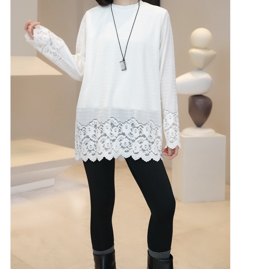现货【薇薇绮】开叉蕾丝拼接长袖上衣秋冬新款显瘦加厚打底衫W797
