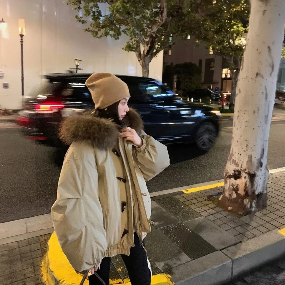 美式牛角扣连帽大毛领保暖棉服女美式复古派克服冬季加厚外套学生