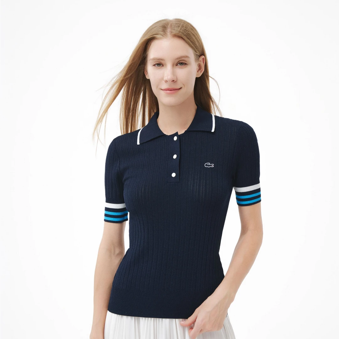 LACOSTE法国鳄鱼女装25秋季新款修身条纹撞色短袖针织衫|AF7212