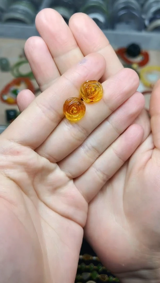 银S925镶嵌琥珀耳饰玫瑰花耳钉06