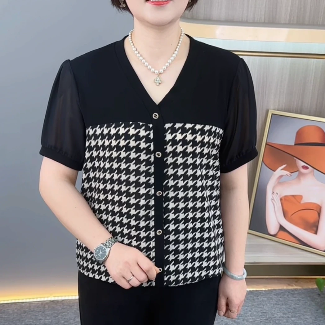 夏季新款精致V领印花时尚气质妈妈装休闲宽松百搭短袖上衣H125