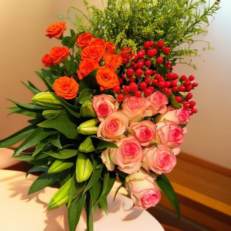 【年宵花】爱莎玫瑰1扎+百合1扎+橙芭比3支+红豆1扎+配草1扎