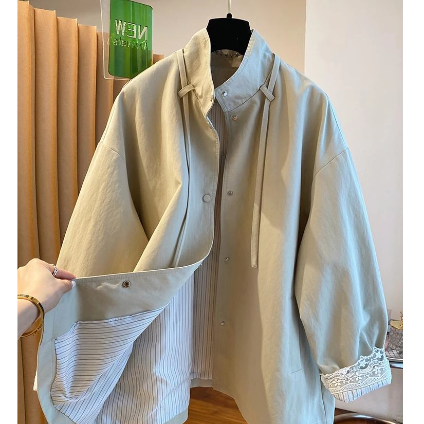 SM潮流高级感蕾丝花边立领风衣外套女春秋新款宽松休闲百搭大衣