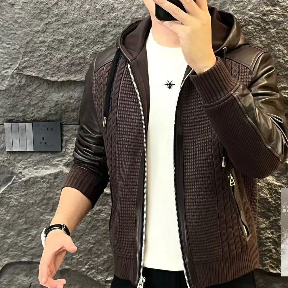 【鹅绒】2024新款高端男士潮流百搭个性拼皮休闲连帽羽绒服