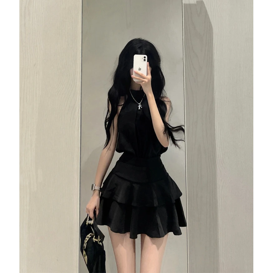 甜辣无袖挂脖背心上衣小个子气质两件套女春荷叶边半身裙蛋糕短裙