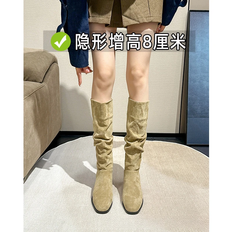 真皮内增高法式复古棕色堆堆靴西部牛仔靴夏秋高筒靴女靴子长靴