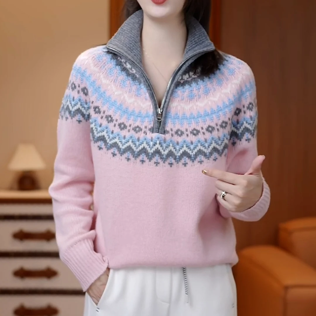 粉色费尔岛提花半开领毛衣女2025秋冬新款时尚百搭显瘦针织衫上衣