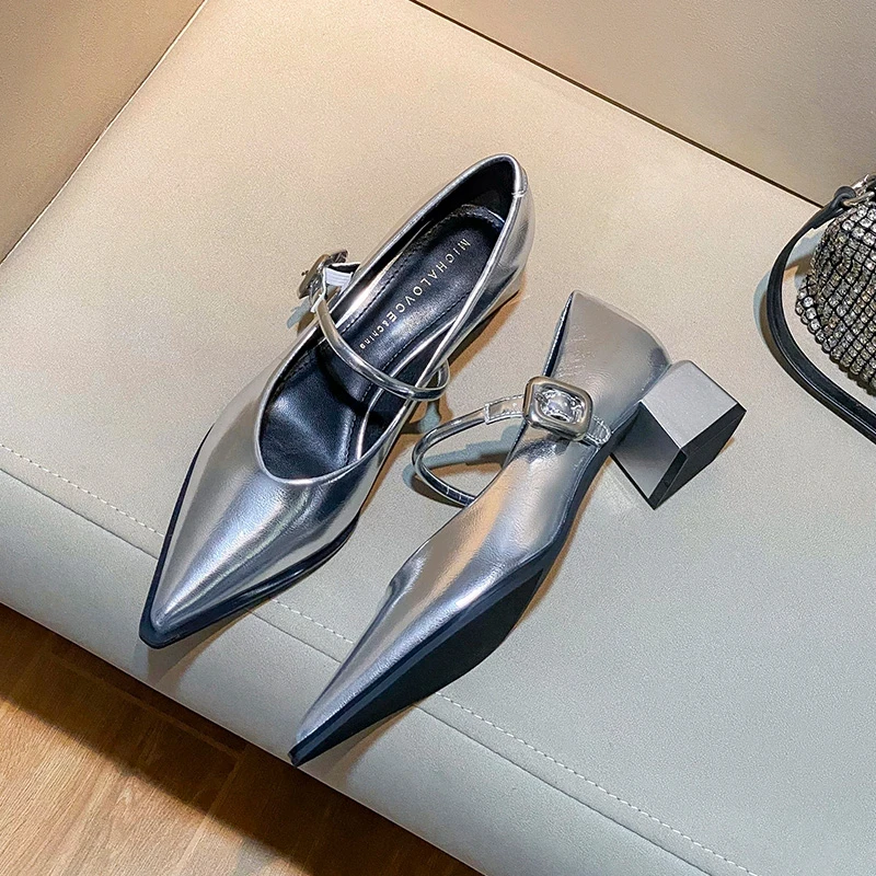 银色玛丽珍高跟鞋女法式2024新款春尖头浅口一字带小香风粗跟单鞋
