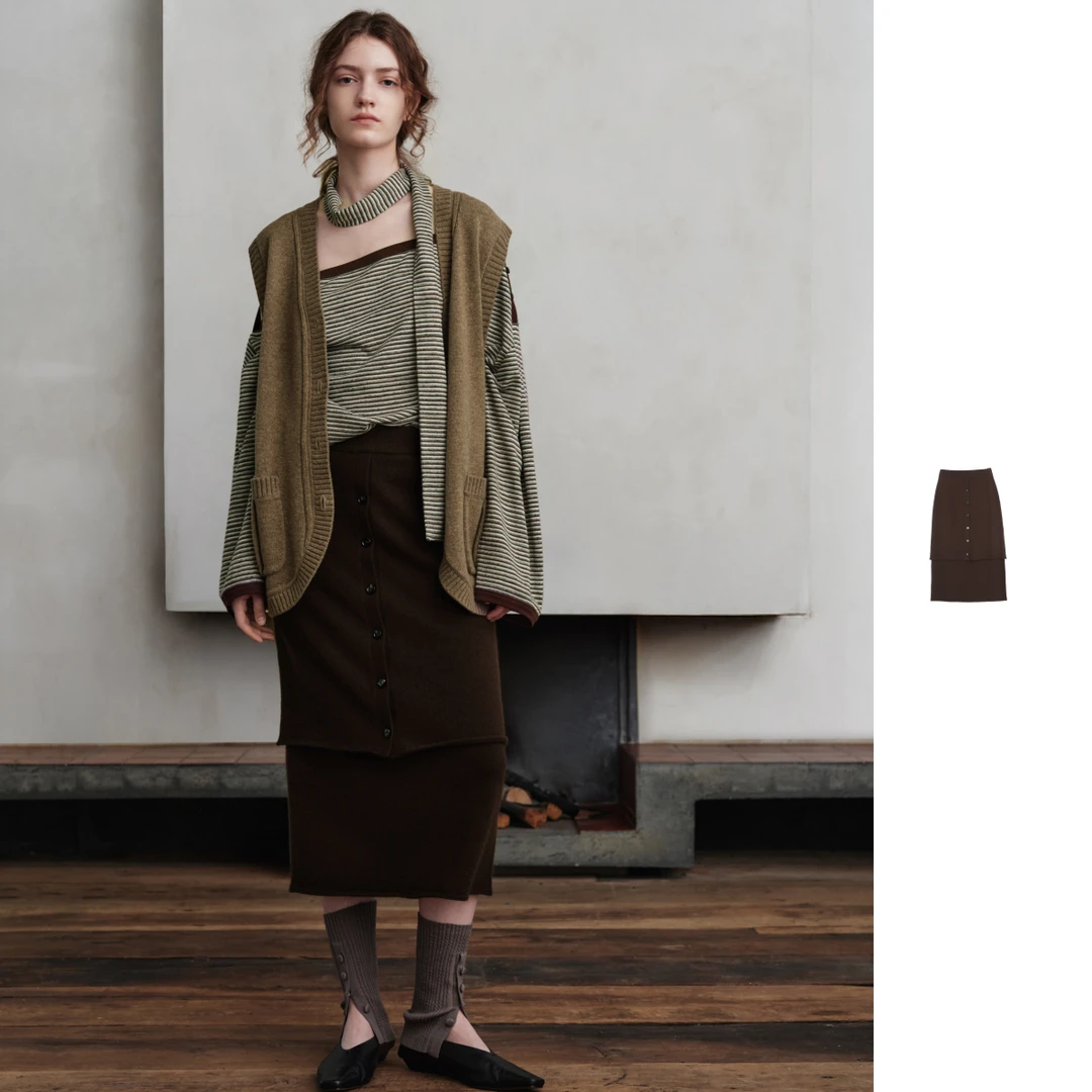 ASYUS  设计师品牌25冬季新款不对称羊毛针织半裙女双层半裙子