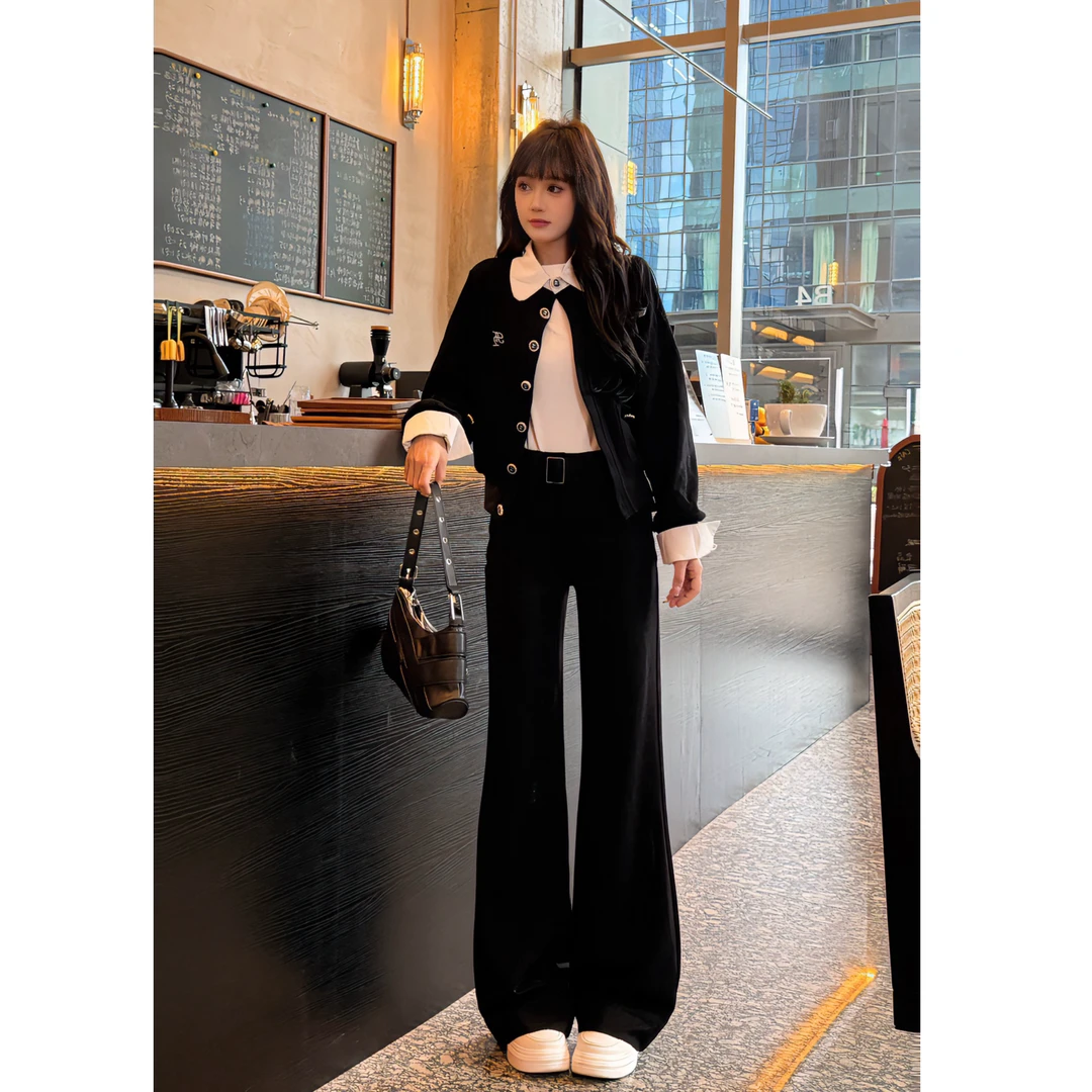 秋冬款黑色四面弹不贴腿微喇裤女高腰显瘦直筒百搭窄版阔腿牛仔裤