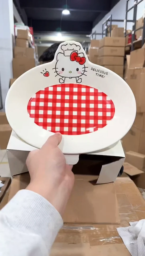 瓷片原盒kt猫红格子餐盘