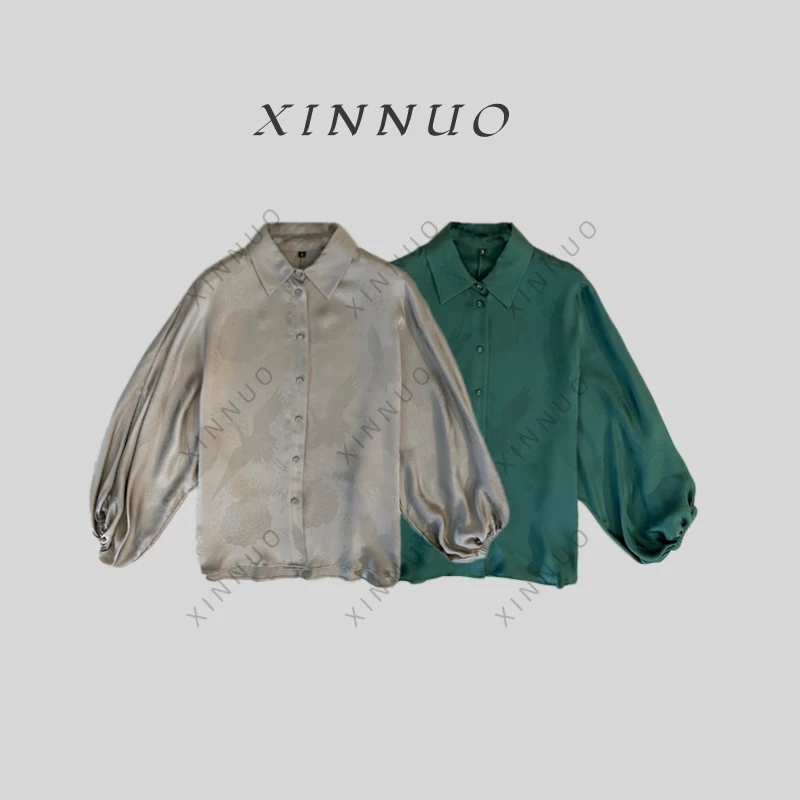 XINNUO | 云缎轻衫 23姆米仙鹤提花宽松连肩灯笼袖上衣JLH-12958